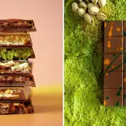 Recubierta de chocolate con leche y rellena de una mezcla de crema de pistacho y kataifi