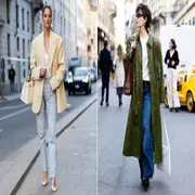 Dos mujeres usando jeans con blazer y trench