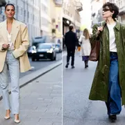 Dos mujeres usando jeans con blazer y trench