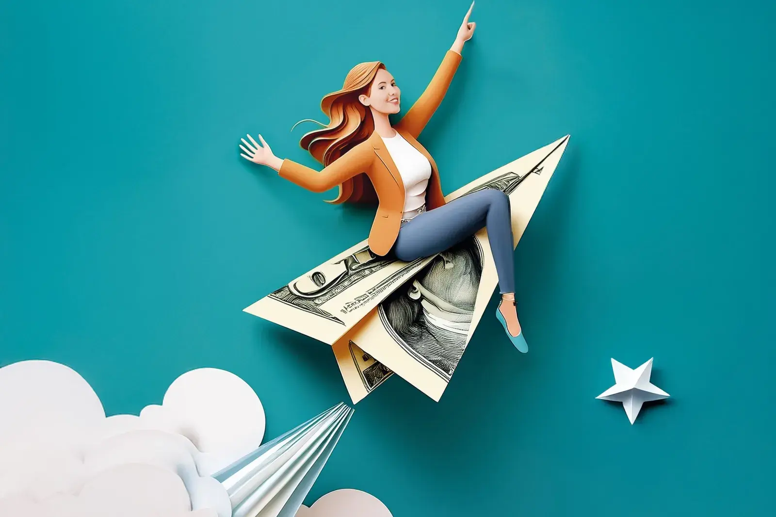 Mujer montando un dolar para demostrar su independencia financiera