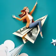 Mujer montando un dolar para demostrar su independencia financiera