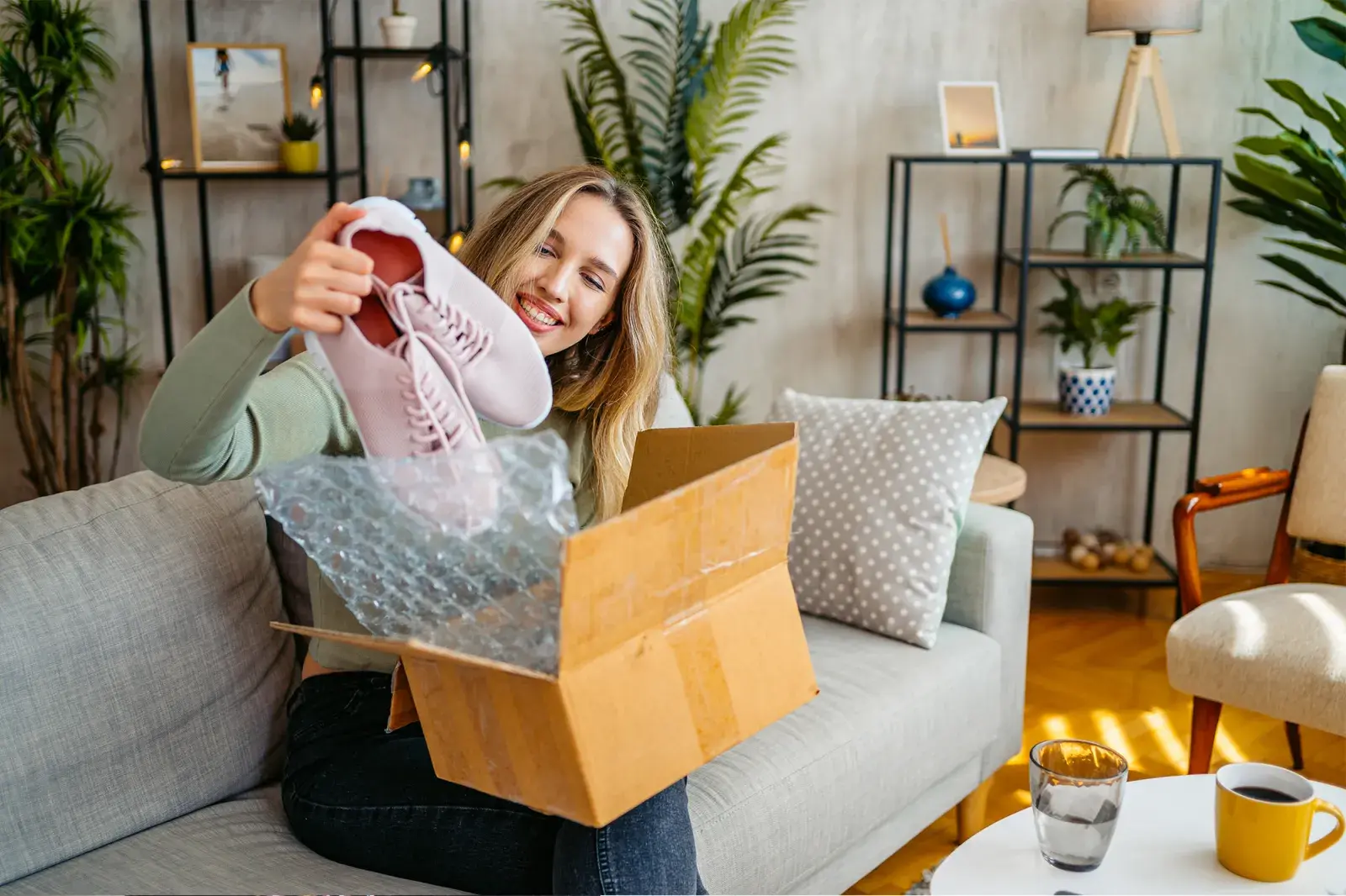 Foto de mujer comprando online.