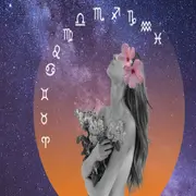 una mujer con flores mirando los signos del zodíaco