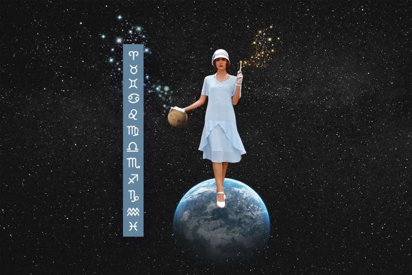 Una mujer parada encima de un planeta