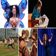 Fotos de diferentes planes: Katy Perry, Mariana Enriquez, gente haciendo yoga.