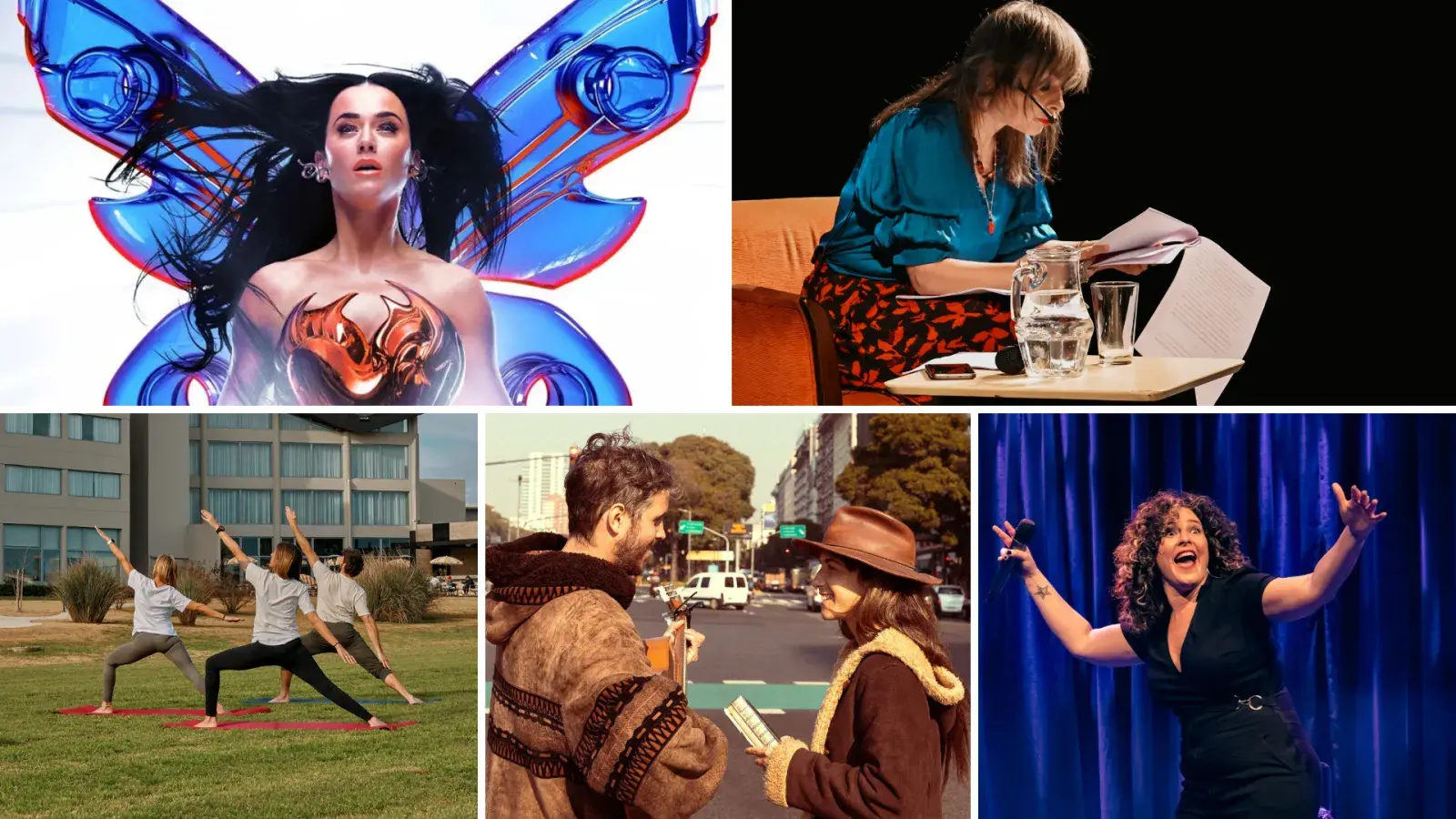 Fotos de diferentes planes: Katy Perry, Mariana Enriquez, gente haciendo yoga.