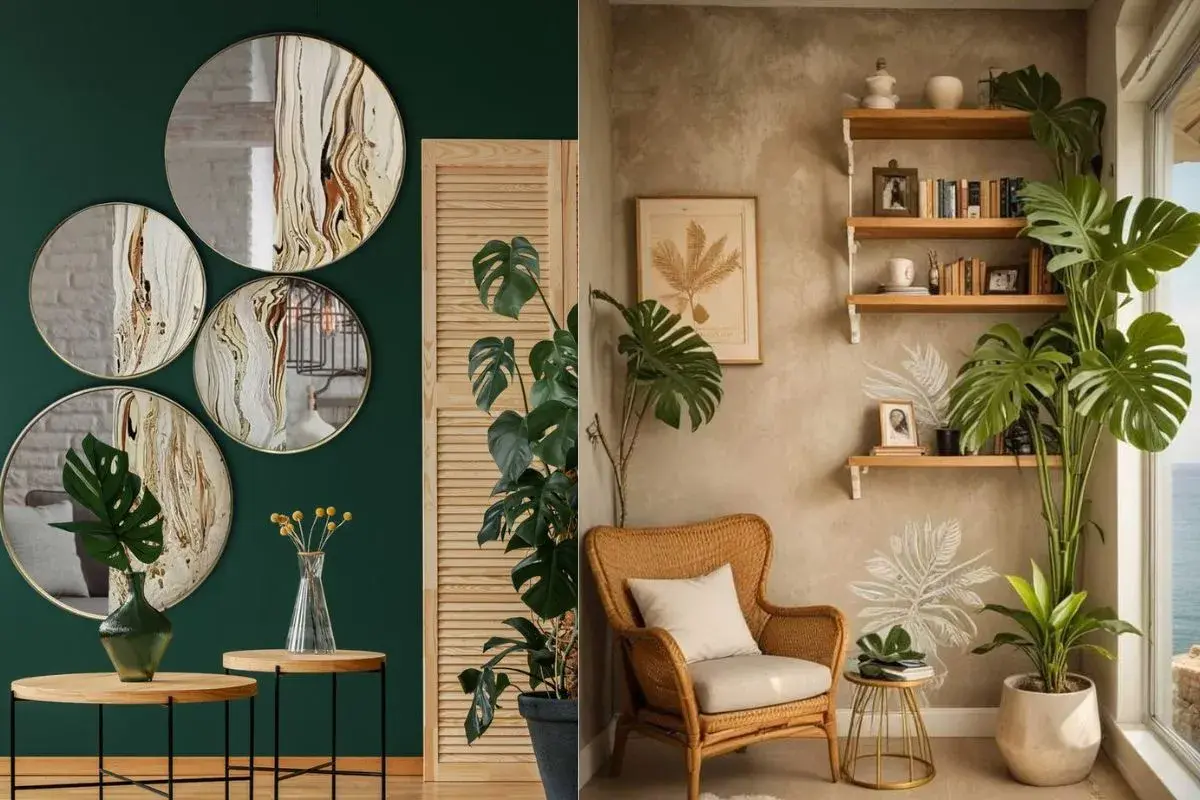 Rincones con espejos, estantes, plantas y cuadros para decorar la casa