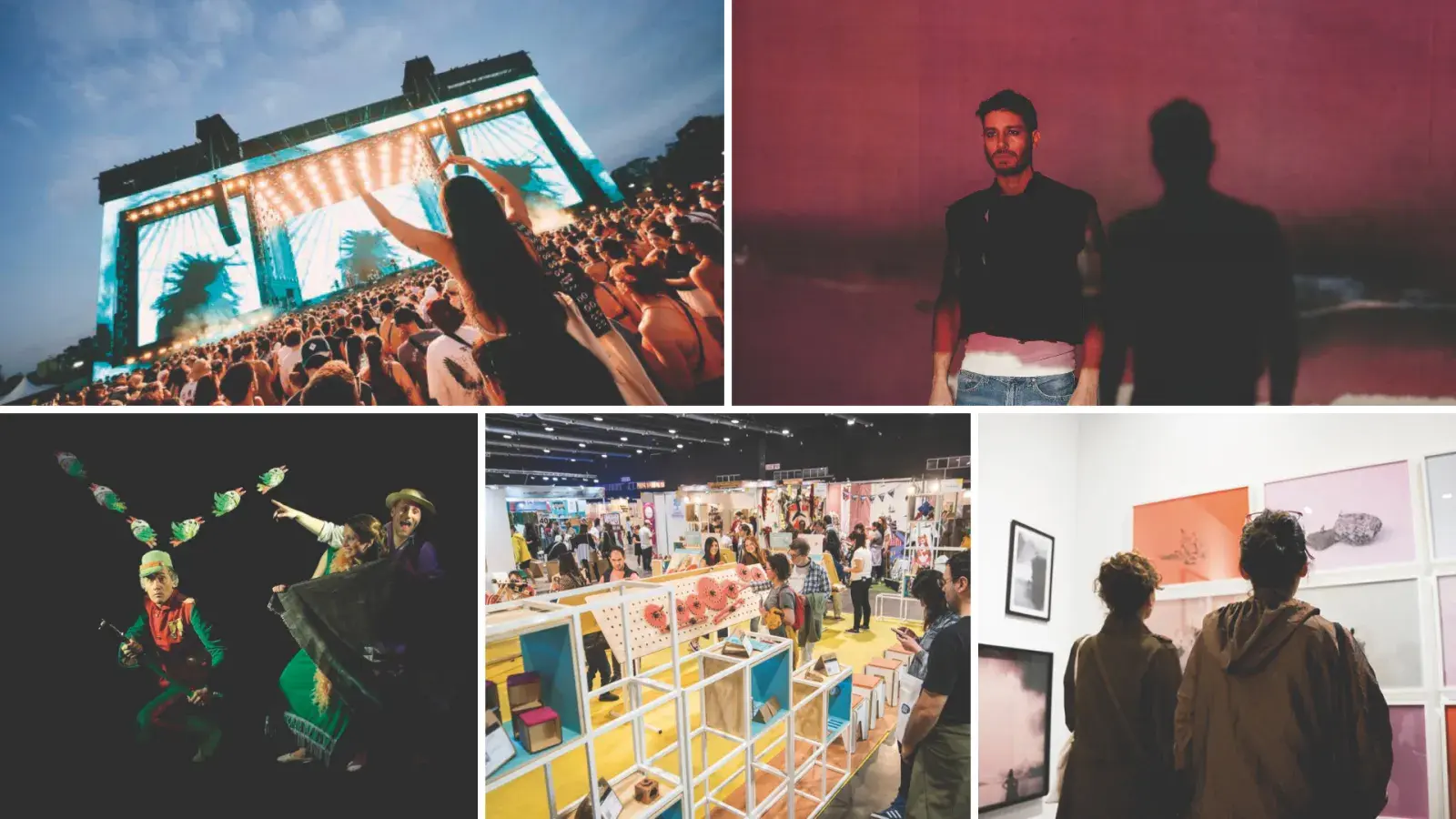 Diferentes planes: un recital, una obra de teatro, una feria, una muestra fotográfica.