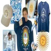 Collage de distintas prendas y accesorios con temática argentinidad. Se ve un Sol de mayo, un listón con la bandera de Argentina. En el centro una chica sonriendo con un buzo de Argentina