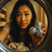 Foto de mujer poniendo pelotas de aluminio en el lavarropas.