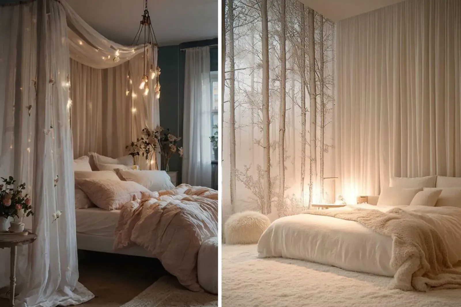 Las cortinas como respaldo son perfectas para dormitorios pequeños, ya que no ocupan volumen visual ni espacio real.