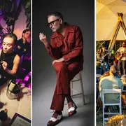 Tres escenas: una mujer ofreciendo una botella de malbec, Jorge Drexler y un cantante en la Bioferia.