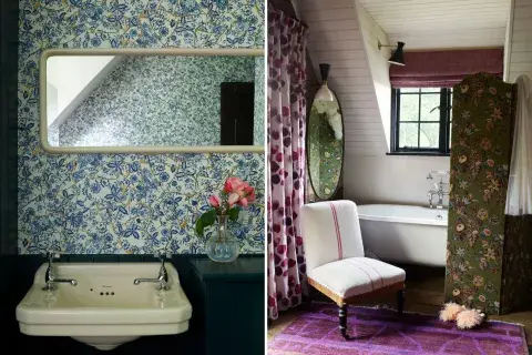 Papel tapiz de los años 70 de Secondhand Rose en Nueva York envuelve un baño. Papel tapiz de los años 70 de Secondhand Rose en Nueva York envuelve un baño.