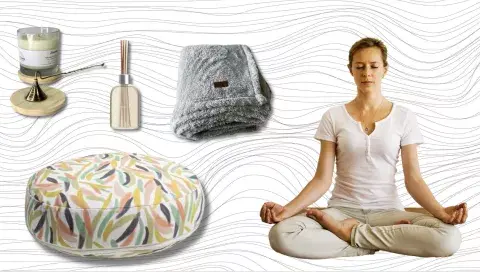 Vela: Luz Mamba - Difusor: Get the Look - Zafu: Isadora - Manta: Casa Mia Deco