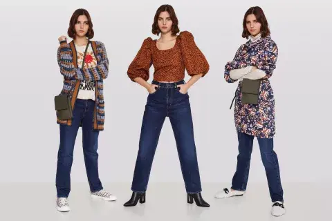 Jean (Levi´s). LOOK 1: Saco y remera (Rapsodia), crossbody (Cruz Esquivel), zapatillas (Converse). LOOK 2: Top (Levi’s), botas (Regina Margherita). LOOK 3: buzo (Fini Braun), polera  (A Core Collection), crossbody (Cruz Esquivel), mocasines de pelo (Dera).