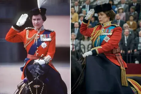 Reina Elizabeth II y Olivia Colman en The Crown. Reina Elizabeth II y Olivia Colman en The Crown.