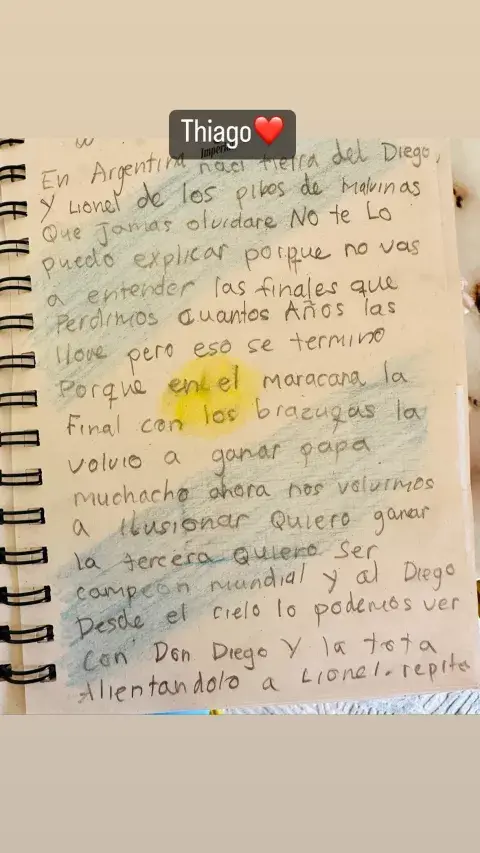 Thiago Messi y su deseo de puño y letra Thiago Messi y su deseo de puño y letra