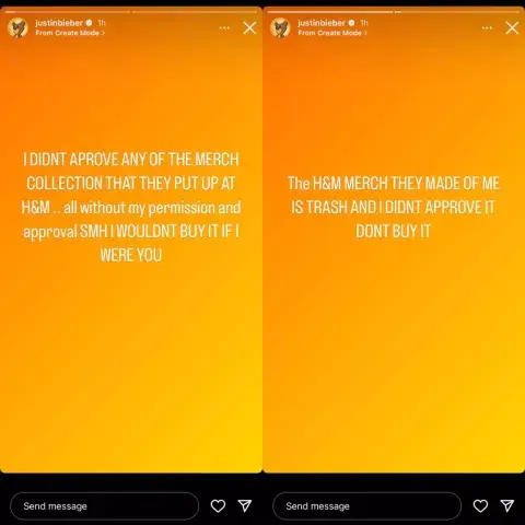 Las declaraciones de Justin Bieber en las redes sociales criticando a la firma. Las declaraciones de Justin Bieber en las redes sociales criticando a la firma.