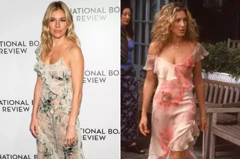 El vestido de Sienna Miller que los fanáticos conectaron con el look de Carrie Bradshaw. El vestido de Sienna Miller que los fanáticos conectaron con el look de Carrie Bradshaw.
