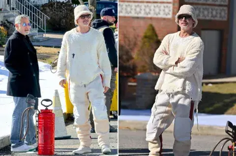 Brad Pitt con su look "osito" en el set de Wolves. Brad Pitt con su look "osito" en el set de Wolves.