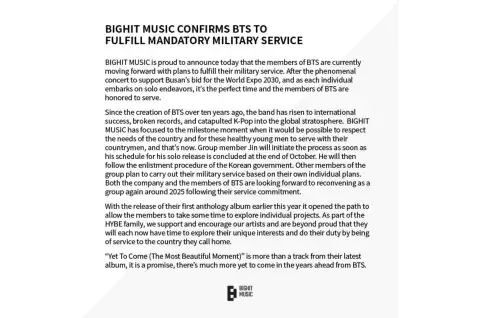 El comunicado de la cuenta oficial de BTS. El comunicado de la cuenta oficial de BTS.