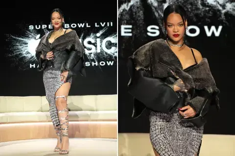 El outfir de Rihanna para la conferencia de prensa del SuperBowl.