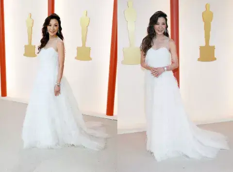 Michelle Yeoh, blanco, transparencia y textura por Dior. Michelle Yeoh, blanco, transparencia y textura por Dior.