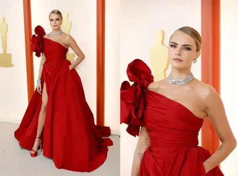 Cara Delevingne y un impactante vestido rojo con volumen. Cara Delevingne y un impactante vestido rojo con volumen.