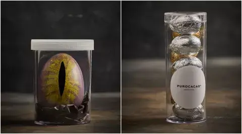 Huevo de ojo de dragón. Elaborado con un blend de cacaos orgánicos y de comercio justo de Ecuador y Perú, relleno con mini huevos de chocolate macizo. Está disponible en la tienda online y en el Atelier en dos presentaciones: de 300 y de 100 gramos. Precio: $7.990 (300 gramos) / $3.500 (100 gramos). Huevo de ojo de dragón. Elaborado con un blend de cacaos orgánicos y de comercio justo de Ecuador y Perú, relleno con mini huevos de chocolate macizo. Está disponible en la tienda online y en el Atelier en dos presentaciones: de 300 y de 100 gramos. Precio: $7.990 (300 gramos) / $3.500 (100 gramos).