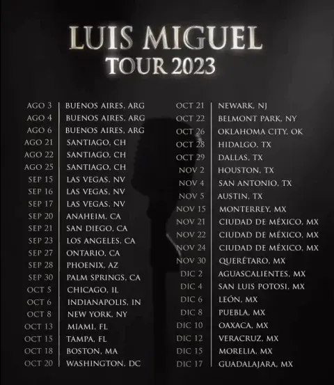 La lista completa de shows que dará Luis Miguel. La lista completa de shows que dará Luis Miguel.