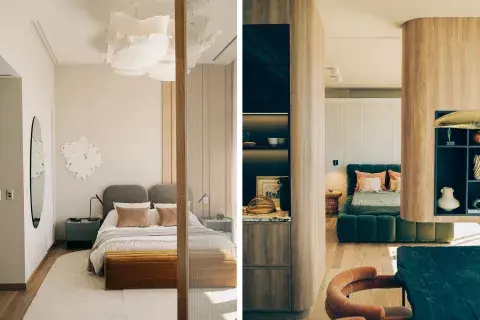 Izquierda: Juego sutil de geometrías en el dormitorio de Olivia D que, además, tiene un cerramiento móvil y traslúcido / Derecha: Para dividir virtualmente comedor y dormitorio, Rob Ortiz generó un cuerpo suspendido desde el cielorraso, que parece estar flotando. Izquierda: Juego sutil de geometrías en el dormitorio de Olivia D que, además, tiene un cerramiento móvil y traslúcido / Derecha: Para dividir virtualmente comedor y dormitorio, Rob Ortiz generó un cuerpo suspendido desde el cielorraso, que parece estar flotando.