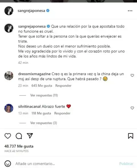 El copy del primer posteo de la China Suárez El copy del primer posteo de la China Suárez
