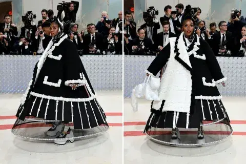 Janelle Monáe con una versión casi caricaturesca de una pieza de sastrería.