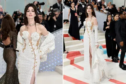 Anne Hathaway con el vestido de tweed por Donatella Versace Anne Hathaway con el vestido de tweed por Donatella Versace