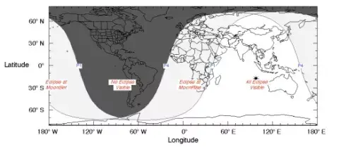 Informe de la NASA que muestra la zona (blanca) donde será visible el eclipse de Luna Informe de la NASA que muestra la zona (blanca) donde será visible el eclipse de Luna