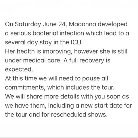 El posteo sobre el estado de salud de Madonna. El posteo sobre el estado de salud de Madonna.