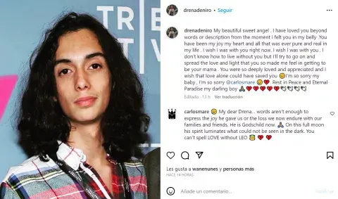 El conmovedor mensaje de Drena De Niro, la madre del joven fallecido. El conmovedor mensaje de Drena De Niro, la madre del joven fallecido.