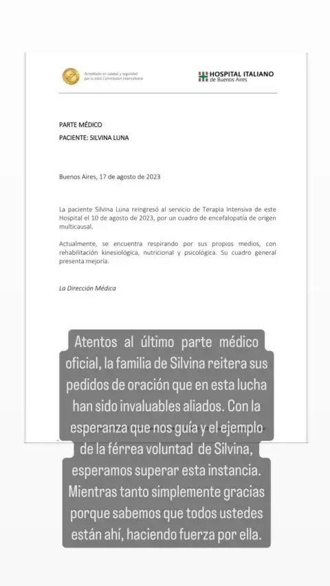 El nuevo y alentador parte médico de Silvina Luna. El nuevo y alentador parte médico de Silvina Luna.