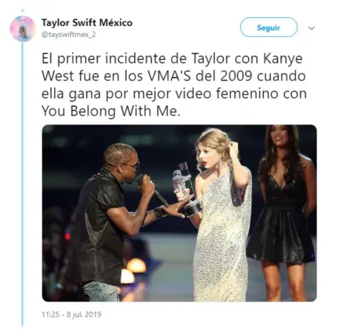 Kanye West irrumpió en el escenario de los VMA's 2009 cuando Taylor ganó por mejor video femenino con You Belong With Me. Kanye West irrumpió en el escenario de los VMA's 2009 cuando Taylor ganó por mejor video femenino con You Belong With Me.