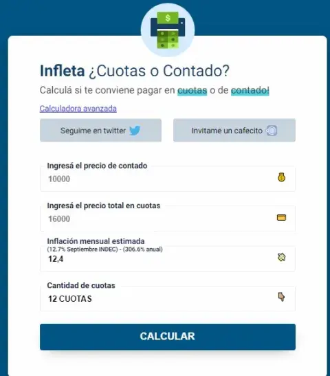 Infleta, una calculadora para saber si conviene pagar en cuotas o de contado. Infleta, una calculadora para saber si conviene pagar en cuotas o de contado.