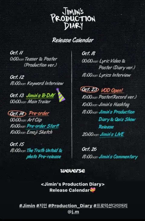 El calendario de lanzamiento de Jimin. El calendario de lanzamiento de Jimin.