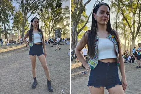 Croptop largo blanco, short de jean negro y un chaleco de colores que es lo todo. Croptop largo blanco, short de jean negro y un chaleco de colores que es lo todo.