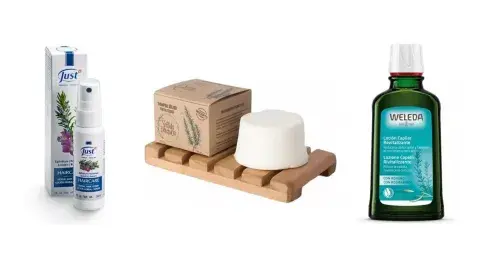 Izquierda: Loción Herbal Capilar (Swiss Just). Centro: Shampoo fortalecedor (Sentida Botánica). Derecha: Loción Capilar de romero (Weleda) Izquierda: Loción Herbal Capilar (Swiss Just). Centro: Shampoo fortalecedor (Sentida Botánica). Derecha: Loción Capilar de romero (Weleda)