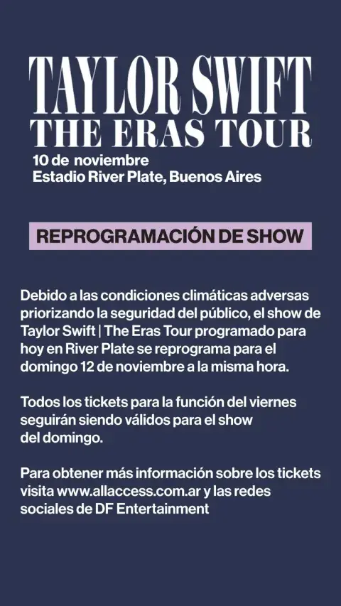 Reprogramaron el segundo show de Taylor Swift por las lluvias. Reprogramaron el segundo show de Taylor Swift por las lluvias.