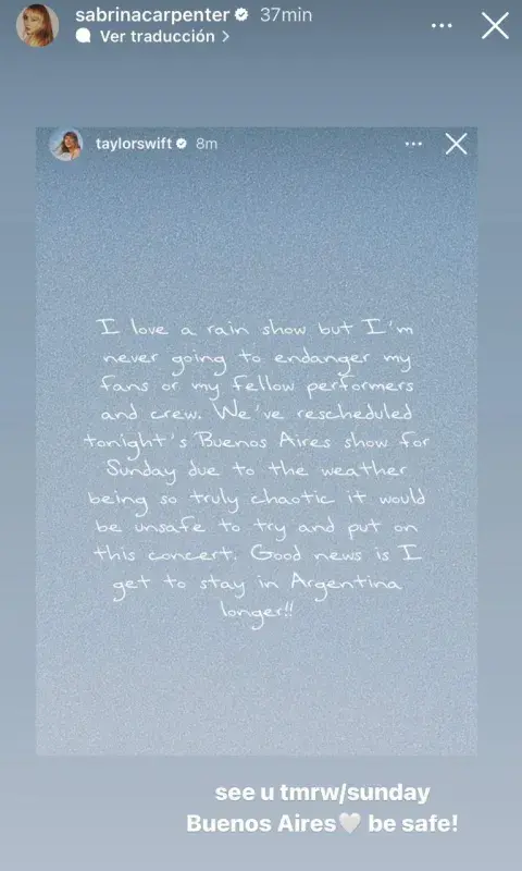 Reprogramaron el segundo show de Taylor Swift por las lluvias: el mensaje de la cantante. Reprogramaron el segundo show de Taylor Swift por las lluvias: el mensaje de la cantante.