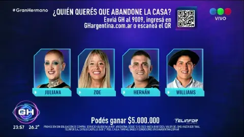 Juliana, Zoe, Hernán y Williams son los nuevos nominados de Gran Hermano. Juliana, Zoe, Hernán y Williams son los nuevos nominados de Gran Hermano.