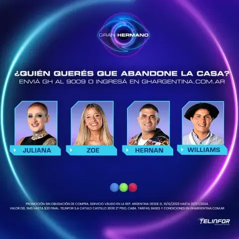 Juliana, Zoe, Hernán y Williams son los nuevos nominados de Gran Hermano.