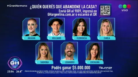 Juliana, Williams, Florencia, Carla, Sabrina, Lisandro y Catalina son los nuevos nominados de Gran Hermano. Juliana, Williams, Florencia, Carla, Sabrina, Lisandro y Catalina son los nuevos nominados de Gran Hermano.