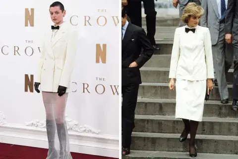 Emma Corrin también pisó la red carpet con un look que hizo recordar el exquisito estilismo de Diana de Gales Emma Corrin también pisó la red carpet con un look que hizo recordar el exquisito estilismo de Diana de Gales