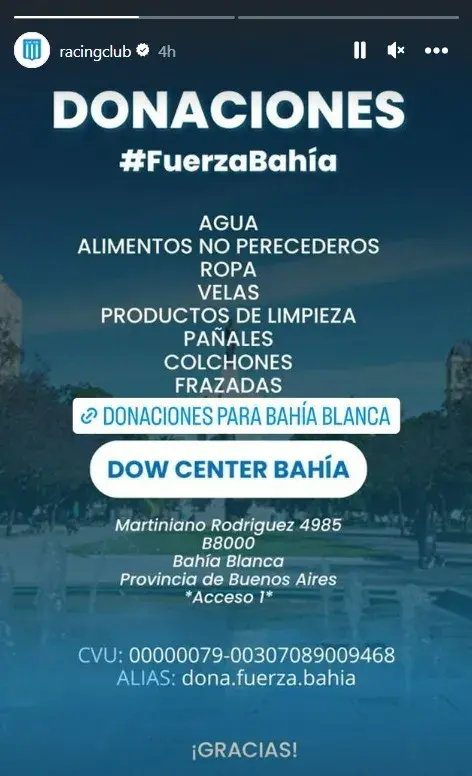 Con el hashtag #FuerzaBahía Racing Club está pidiendo colaboraciones como agua, alimentos no perecederos, frazadas, colchones, velas, ropa, productos de limpieza y pañales. Con el hashtag #FuerzaBahía Racing Club está pidiendo colaboraciones como agua, alimentos no perecederos, frazadas, colchones, velas, ropa, productos de limpieza y pañales.